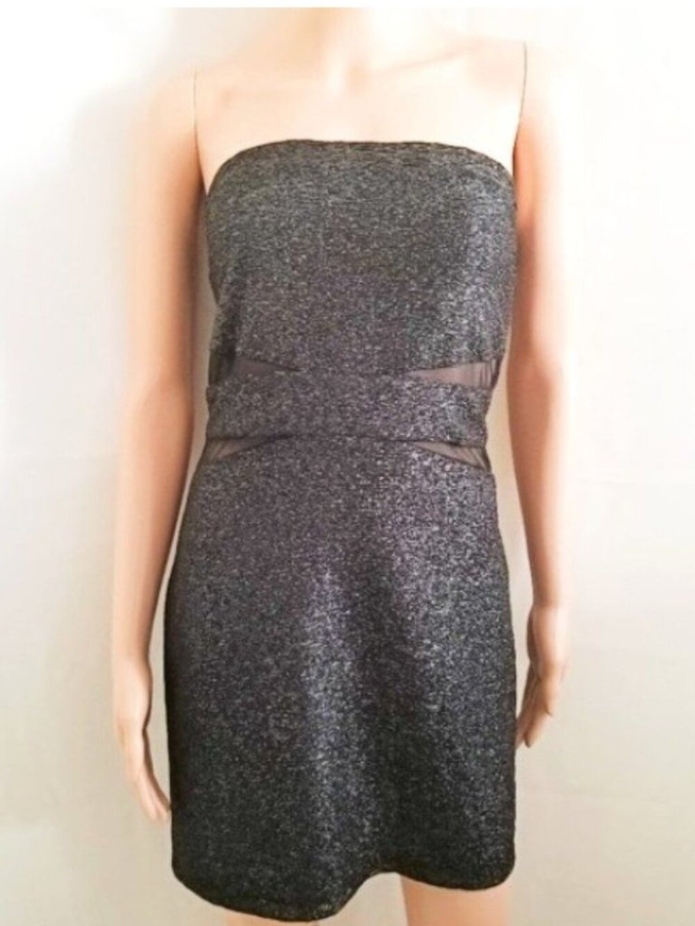 Speechless Black Strapless Glittery Mesh Panels Bodycon Mini Dress Women's Large - Picture 2 of 8